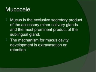 Mucocele
   Mucus is the exclusive secretory product
    of the accessory minor salivary glands
    and the most prominent product of the
    sublingual gland.
   The mechanism for mucus cavity
    development is extravasation or
    retention
 