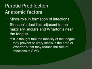Parotid Predilection
Anatomic factors
   Minor role in formation of infections
   Stensen’s duct lies adjacent to the
    maxillary molars and Wharton’s near
    the tongue.
    It is thought that the mobility of the tongue
     may prevent salivary stasis in the area of
     Wharton's that may reduce the rate of
     infections in SMG.
 