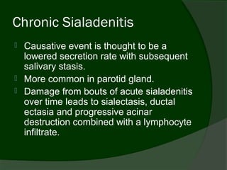 Chronic Sialadenitis
   Causative event is thought to be a
    lowered secretion rate with subsequent
    salivary stasis.
   More common in parotid gland.
   Damage from bouts of acute sialadenitis
    over time leads to sialectasis, ductal
    ectasia and progressive acinar
    destruction combined with a lymphocyte
    infiltrate.
 