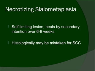 Necrotizing Sialometaplasia

   Self limiting lesion, heals by secondary
    intention over 6-8 weeks

   Histologically may be mistaken for SCC
 