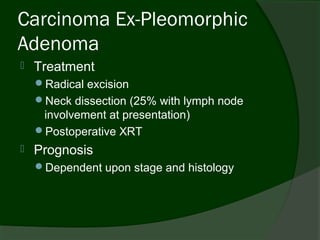 Carcinoma Ex-Pleomorphic
Adenoma
   Treatment
    Radical excision
    Neck dissection (25% with lymph node
     involvement at presentation)
    Postoperative XRT
   Prognosis
    Dependent upon stage and histology
 