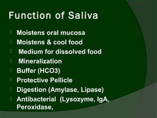 Function of Saliva
   Moistens oral mucosa
   Moistens & cool food
   Medium for dissolved food
   Mineralization
   Buffer (HCO3)
   Protective Pellicle
   Digestion (Amylase, Lipase)
   Antibacterial (Lysozyme, IgA,
    Peroxidase,
 