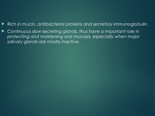  Rich in mucin, antibacterial proteins and secretory immunoglobulin.
 Continuous slow secreting glands, thus have a important role in
protecting and moistening oral mucosa, especially when major
salivary glands are mostly inactive.
 