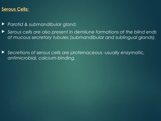 Serous Cells:
 Parotid & submandibular gland.
 Serous cells are also present in demilune formations at the blind ends
of mucous secretory tubules (submandibular and sublingual glands).
 Secretions of serous cells are proteinaceous -usually enzymatic,
antimicrobial, calcium-binding.
 