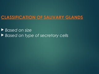 CLASSIFICATION OF SALIVARY GLANDS
 Based on size
 Based on type of secretory cells
 