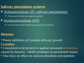 Salivary peroxidase systems
 Sialoperoxidase (SP, salivary peroxidase)
 Produced mainly by parotid gland
 Myeloperoxidase (MP)
 From leukocytes entering via gingival crevice
Histatins
• Potent inhibitors of Candida albicans growth
Cystatins:
• Considered to be protective against unwanted proteolysis
caused by bacteria - inhibit proteases in periodontal tissues
• Also have an effect on calcium phosphate precipitation
 