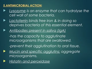5.ANTIMICROBIAL ACTION:
 Lysozyme is an enzyme that can hydrolyse the
cell wall of some bacteria.
 Lactoferrin binds free iron & in doing so
deprives bacteria of this essential element.
 Antibodies present in saliva (IgA)
-has the capacity to agglutinate
microorganisms that are swallowed.
-prevent their agglutination to oral tissue.
 Mucin and specific agglutins: aggregate
microorganisms.
 Histatin and peroxidase
 