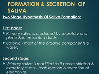 FORMATION & SECRETION OF
SALIVA
Two Stage Hypothesis Of Saliva Formation:
First stage:
 Primary saliva is produced by secretory end
piece & intercalated ducts.
 Isotonic - most of the organic components &
water.
Second stage:
 Primary saliva is modified as it passes striated &
excretory ducts - reabsorption & secretion of
electrolyte.
 