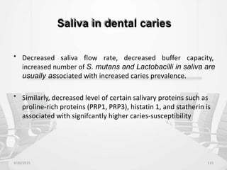 Saliva in dental caries
• Decreased saliva flow rate, decreased buffer capacity,
increased number of S. mutans and Lactobacilli in saliva are
usually associated with increased caries prevalence.
• Similarly, decreased level of certain salivary proteins such as
proline-rich proteins (PRP1, PRP3), histatin 1, and statherin is
associated with signifcantly higher caries-susceptibility
4/30/2015 115
 