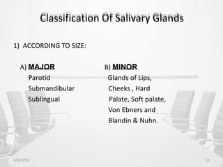 Classification Of Salivary Glands
1) ACCORDING TO SIZE:
A) MAJOR B) MINOR
Parotid Glands of Lips,
Submandibular Cheeks , Hard
Sublingual Palate, Soft palate,
Von Ebners and
Blandin & Nuhn.
4/30/2015 13
 