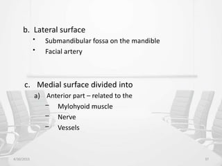 b. Lateral surface
• Submandibular fossa on the mandible
• Facial artery
c. Medial surface divided into
a) Anterior part – related to the
– Mylohyoid muscle
– Nerve
– Vessels
4/30/2015 37
 