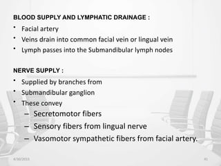 BLOOD SUPPLY AND LYMPHATIC DRAINAGE :
• Facial artery
• Veins drain into common facial vein or lingual vein
• Lymph passes into the Submandibular lymph nodes
NERVE SUPPLY :
• Supplied by branches from
• Submandibular ganglion
• These convey
– Secretomotor fibers
– Sensory fibers from lingual nerve
– Vasomotor sympathetic fibers from facial artery.
4/30/2015 41
 