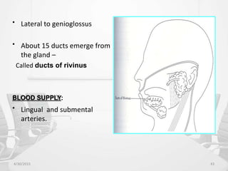 • Lateral to genioglossus
• About 15 ducts emerge from
the gland –
Called ducts of rivinus
BLOOD SUPPLY:
• Lingual and submental
arteries.
4/30/2015 43
 