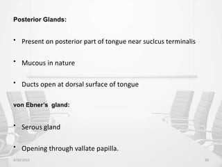 Posterior Glands:
• Present on posterior part of tongue near suclcus terminalis
• Mucous in nature
• Ducts open at dorsal surface of tongue
von Ebner’s gland:
• Serous gland
• Opening through vallate papilla.
4/30/2015 50
 