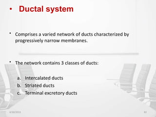 • Ductal system
• Comprises a varied network of ducts characterized by
progressively narrow membranes.
• The network contains 3 classes of ducts:
a. Intercalated ducts
b. Striated ducts
c. Terminal excretory ducts
4/30/2015 82
 