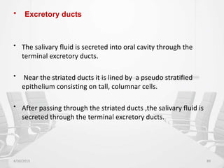 • Excretory ducts
• The salivary fluid is secreted into oral cavity through the
terminal excretory ducts.
• Near the striated ducts it is lined by a pseudo stratified
epithelium consisting on tall, columnar cells.
• After passing through the striated ducts ,the salivary fluid is
secreted through the terminal excretory ducts.
4/30/2015 89
 