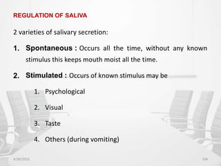 REGULATION OF SALIVA
2 varieties of salivary secretion:
1. Spontaneous : Occurs all the time, without any known
stimulus this keeps mouth moist all the time.
2. Stimulated : Occurs of known stimulus may be
1. Psychological
2. Visual
3. Taste
4. Others (during vomiting)
4/30/2015 104
 