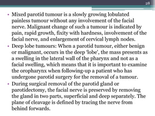 • Mixed parotid tumour is a slowly growing lobulated
painless tumour without any involvement of the facial
nerve. Malignant change of such a tumour is indicated by
pain, rapid growth, fixity with hardness, involvement of the
facial nerve, and enlargement of cervical lymph nodes.
• Deep lobe tumours: When a parotid tumour, either benign
or malignant, occurs in the deep ‘lobe', the mass presents as
a swelling in the lateral wall of the pharynx and not as a
facial swelling, which means that it is important to examine
the oropharynx when following-up a patient who has
undergone parotid surgery for the removal of a tumour.
• During surgical removal of the parotid gland or
parotidectomy, the facial nerve is preserved by removing
the gland in two parts, superficial and deep separately. The
plane of cleavage is defined by tracing the nerve from
behind forwards.
28
 