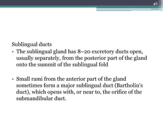 Sublingual ducts
• The sublingual gland has 8–20 excretory ducts open,
usually separately, from the posterior part of the gland
onto the summit of the sublingual fold
• Small rami from the anterior part of the gland
sometimes form a major sublingual duct (Bartholin's
duct), which opens with, or near to, the orifice of the
submandibular duct.
46
 