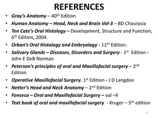 REFERENCES
• Gray’s Anatomy – 40th Edition
• Human Anatomy – Head, Neck and Brain Vol-3 – BD Chaurasia
• Ten Cate’s Oral Histology – Development, Structure and Function,
6th Edition, 2004.
• Orban’s Oral Histology and Embryology - 11th Edition.
• Salivary Glands – Diseases, Disorders and Surgery - 1st Edition -
John E DeB Norman
• Peterson’s principles of oral and Maxillofacial surgery – 2nd
Edition
• Operative Maxillofacial Surgery. 1st Edition - J D Langdon
• Netter’s Head and Neck Anatomy – 2nd Edition
• Fonseca – Oral and Maxillofacial Surgery – vol –II
• Text book of oral and maxillofacial surgery - Kruger – 5th edition
53
 