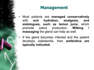 Management
• Most patients are managed conservatively
with oral hydration, analgesia, and
sialologues, such as lemon juice, which
promote saliva production. Milking /
massaging the gland can help as well.
• If the gland becomes infected and the patient
develops sialedenitis, then antibiotics are
typically indicated.
 