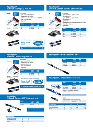 AquaQlean®
Hi-Reach Metal (ME) Pole kit
AquaQlean®
Hi-Reach Carbon (CF) Telescopic pole
AquaQlean®
Hi-Reach Carbon  Metal (MIX) Pole kit
MODEL	 PROD.	CASE	
	 CODE.	PACK	
MODEL	 PROD.	CASE	
	 CODE.	PACK	
ME 	 70.300501A	 1	
ME 	 70.300501B	 1	
MIX 1	 70.300503A	 1	
MIX 1	 70.300503B	 1	
MIX 2	 70.300504A	 1	
MIX 2	 70.300504B	 1	
The kit contains:
•	7 poles aluminium (ME) 1570 mm
•	1 pole aluminium (ME) 785 mm
•	1 pole aluminium with brushhead connector (ME) 785 mm
•	1 head / 27 cm nylon brush
•	1 bag for poles
The kit contains:
•	4 poles ME1570 mm + 3 poles CF 1570 mm
(Mix combination 1)
•	3 poles ME1570 mm + 4 poles CF 1570 mm
(Mix combination 2)
•	1 pole CF 785 mm
•	1 pole aluminium with brushhead connector (ME) 785 mm
•	1 head / 27 cm nylon brush
•	1 bag for polesA A
B B
•Detachable
pole connectors
•Detachable
pole connectors
• Fixed connection • Fixed connection
Aluminium MixRILSAN
-40°C tot
+150°C
RILSAN
-40°C tot
+150°C
Metal
AquaQlean®
Hi-Reach Carbon (CF) Pole kit
AquaQlean®
Smart Telescopic pole
AquaQlean®
/ Ettore®
Telescopic pole
The kit contains:
•	7 poles carbon (CF) 1570 mm
•	1 pole aluminium (ME) 785 mm
•	1 pole carbon (CF) 785 mm
•	1 head / 27 cm nylon brush
•	1 bag for poles
MODEL	 PROD.	CASE	
	 CODE.	PACK	
CF 	 70.300502A	 1	
CF 	 70.300502B	 1	
Carbonfibre
MODEL	 PROD.	CASE	
	 CODE.	PACK	
2x 400 MM	 70.400130	 1	
2x 800 MM	 70.400131	 1	
2x 1600 MM	 70.400132	 1	
A
B
•Detachable
pole connectors
• Fixed connection
RILSAN
-40°C tot
+150°C
5˚
80˚
Carbon Fibre MODEL	 PROD.	CASE	
	 CODE.	PACK	
MODEL	 PROD.	CASE	
	 CODE.	PACK	
25 (5 sections)	 70.400127	 1	
35 (7 sections)	 70.400128	 1	
45 (9 sections)	 70.400129	 1	
Model 25 en 35: Fibreglass / Carbonfibre
Model 45: Carbonfibre
OPTION:
Connection adapter (safety cone) Ettore tools
	 70.300156	1	
2x1.57 m	 70.300532	 1	 SPECIFICATIONS	 25	35	 45
SPECIFICATIONS
Total length retracted	 m	 1,51	 1,73	 1,67
Total length extended	 m	 6,42	 8,83	 12,22
Weight	 kg	2	3	3,8
Total length retracted	 m	 1,75	
Total length extended	 m	 3,16	
Weight	 kg	1,1	
Excl. brushhead
Very low bending and physical stress
 