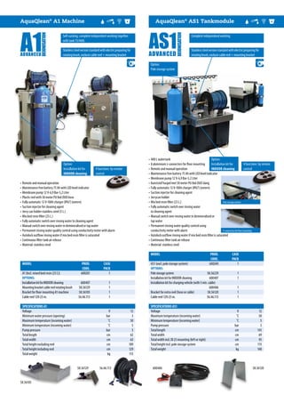 4 functions by remote
control
AquaQlean®
A1 Machine
MODEL	 PROD.	CASE	
	 CODE.	PACK	
SPECIFICATIONS A1
A1 (Incl. mixed bed resin (25 l.))	 600201	 1	
OPTIONS:
InstallationkitforINDOORcleaning	 600407	 1	
Mountingbracketcablereelrotatingbrush	 58.56129	 1	
Bracket for floor mounting A1 machine	 58.56105	 1	
Cable reel 12V-25 m.	 56.46.113	 1	
AquaQlean®
AS1 Tankmodule
Stainlesssteelversionstandardwithelectricpreparingfor
rotatingbrush,exclusivcablereel+mountingbracket
Self-sucking, complete independent working together
with tank T3/400L
•	Remote and manual operation
•	Maintenance free battery 75 Ah with LED level indicator
•	Membrane pump 12 V-6,9 Bar-5,2 Liter
•	Plastic reel with 50 meter PU 8x6 DUO hose
•	Fully automatic 12 V-10Ah charger (IP67) (extern)
•	Suction injector for cleaning agent
•	Jerry can holder stainless steel (5 L.)
•	Mix bed resin filter (25 L.)
•	Fully automatic switch over rinsing water to cleaning agent
•	Manual switch over rinsing water in demineralised or tap water
•	Permanent rinsing water quality control using conductivity meter with alarm
•	Autolock outflow rinsing water if mix bed resin filter is saturated
•	Continuous filter tank air release
•	Material: stainless steel
Voltage	 V	12
Minimum water pressure (opening)	 bar	 3
Maximum temperature (incoming water)	 ˚C	 50
Minimum temperature (incoming water)	 ˚C	 5
Pump pressure	 bar	 5
Total length	 cm	 62
Total width	 cm	 63
Total height excluding reel	 cm	 109
Total height including reel	 cm	 129
Total weight	 kg	 115
MODEL	 PROD.	CASE	
	 CODE.	PACK	
SPECIFICATIONS AS1
AS1 (excl. pole storage system)	 600240	 1	
OPTIONS:
Polestoragesystem	 58.56229	1	
InstallationkitforINDOORcleaning	 600407	 1	
Installation kit for charging vehicle (with 5 mtr. cable)	
	 600406	1	
Bracket for extra reel (hose or cable)	 58.56120	 1	
Cable reel 12V-25 m.	 56.46.113	 1	
Complete independend working
•	400 L watertank
•	8 aluminium z-connectors for floor mounting
•	Remote and manual operation
•	Maintenance free battery 75 Ah with LED level indicator
•	Membrane pump 12 V-6,9 Bar-5,2 Liter
•	Kunststof haspel met 50 meter PU 8x6 DUO slang
•	Fully automatic 12 V-10Ah charger (IP67) (extern)
•	Suction injector for cleaning agent
•	Jerrycan holder
•	Mix bed resin filter (25 L.)
•	Fully automatic switch over rinsing water
	 to cleaning agent
•	Manual switch over rinsing water in demineralised or
tap water
•	Permanent rinsing water quality control using
conductivity meter with alarm
•	Autolock outflow rinsing water if mix bed resin filter is saturated
•	Continuous filter tank air release
•	Material: stainless steel
Voltage		V	 12
Maximum temperature (incoming water)		 ˚C	 50
Minimum temperature (incoming water)		 ˚C	 5
Pump pressure		 bar	 5
Total length		 cm	 141
Total width		 cm	 69
Total width incl. DI 25 mounting (left or right) 		 cm	 95
Total height incl. pole storage system		 cm	 115
Total weight		 kg	 148
60040656.46.113 58.5612058.56129
Option:
Installation kit for
INDOOR cleaning
Option:
Installation kit for
INDOOR cleaning
58.56105
Polestoragesystem
Z-connectorsforfloormounting
4 functions by remote
control
Stainlesssteelversionstandardwithelectricpreparingfor
rotatingbrush,exclusivcablereel+mountingbracket
Option:
Pole storage system
 