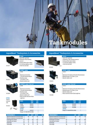 AquaQlean®
Tanksystem  Accessories	 AquaQlean®
Tanksystem  Accessories
T3/400 P + pump
T3/400 T4/230 L
T4/230 L + pump
SPECIFICATIONS T3		 400	 400 P	 400 PH	 100
Maximum temperature (incoming water)	 ˚C	 60	 60	 60	 60
Minimum temperature (incoming water)	 ˚C	 5	 5	 5	 5
Total length excl. fixation	 cm	 136	 136	 136	 65
Total width excl. fixation	 cm	 65	 65	 65	 28
Total height	 cm	 71	 68	 85	 67
Total weight	 kg	 34	 39	 46	 10
MODEL	 PROD.	CASE	
	 CODE.	PACK	
T3/400	 58.56211	1	
T3/400 P	 58.56213	 1	
T3/400 PH 	 58.56209	 1	
OPTION:
T3/100	 58.56212	1	
Charger 12 V-10Ah (IP67)	56.30302	 1	
58.56213
58.56211
58.56220
58.56214
• T3/400
+
•	Maintenance free battery
	 75 Ah with LED level indicator
•	Membrane pump
	 12 V-6,9 Bar-5,2 Liter
•	Material: stainless steel
•	1 piece 400 L watertank
•	8 aluminium z floor mounting
connector
•	Continuous filter tank air release
•	1 set messing couplings, strainer,
2 meter hose and valve
•	1 piece 230 L watertank
•	2 aluminium z floor mounting connector
•	Continuous filter tank air release
•	1 set messing couplings, strainer,
2 meter hose and valve
• T4/230 L
+
•	Maintenance free battery 65 Ah with LED level indicator
•	Membrane pump 12 V-6,9 Bar-5,2 Liter
•	Material: stainless steel
Tankmodules
T3/400 PH + pump + hose reel T4/230 L + pump + hose reel
58.56209
58.56212
58.56208
• T3/400
+
•	Maintenance free battery
	 75 Ah with LED level indicator
•	Membrane pump
	 12 V-6,9 Bar-5,2 Liter
•	Material: stainless steel
•	Plastic reel with 100 meter PU 8x6
	 single hose
• T4/230 L
+
•	Maintenance free battery 65 Ah with LED level indicator
•	Membrane pump 12 V-6,9 Bar-5,2 Liter
•	Material: stainless steel
•	Plastic reel with 50 meter PU 8x6 single hose
OPTION:
100 Liter
extension
tank
SPECIFICATIONS T4			 230	 230 P	 230 PH
Maximum temperature (incoming water)	 ˚C		 60	 60	 60
Minimum temperature (incoming water)	 ˚C		 5	 5	 5
Total length excl. fixation	 cm		 109	 109	 109
Total width excl. fixation	 cm		 50	 55	 55
Total height	 cm		 67	 67	67
Total weight	 kg		23	28	 32
MODEL	 PROD.	CASE	
	 CODE.	PACK	
T4/230	 58.56220	1	
T4/230 P	 58.56214	 1	
T4/230 PH 	 58.56208	 1	
OPTION:
Charger 12 V-10Ah (IP67)	56.30302	 1	
 