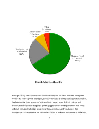 Figure 1. Sallas Forest Land Use

More specifically, our Objectives and Guidelines imply that the forest should be managed to
promote the forest’s growth and vigour, its biodiversity and its aesthetic and recreational values.
Aesthetic quality, being a matter of individual taste, is particularly difficult to define and
measure, but studies show that people generally appreciate old and big trees more than young
and small ones, relatively open groves more than dense stands, and variety more than
homogeneity – preferences that are commonly reflected in parks and are assumed to apply here.
5

 