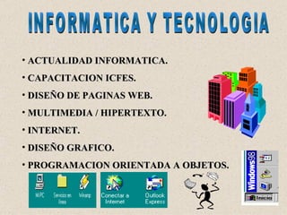 INFORMATICA Y TECNOLOGIA ACTUALIDAD INFORMATICA. CAPACITACION ICFES. DISEÑO DE PAGINAS WEB. MULTIMEDIA / HIPERTEXTO. INTERNET. DISEÑO GRAFICO. PROGRAMACION ORIENTADA A OBJETOS. 