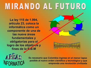 MIRANDO AL FUTURO AREAS  PROYECCION LABORAL Es necesario que Colombia ingrese en el menor lapso posible al nuevo orden científico y tecnológico y que emprenda una revolución civilizada La ley 115 de 1.994, artículo 23, coloca la informática como un componente de una de las nueve áreas fundamentales y obligatorias para el logro de los objetivos y fines de la E.B.M INFORMATICA 