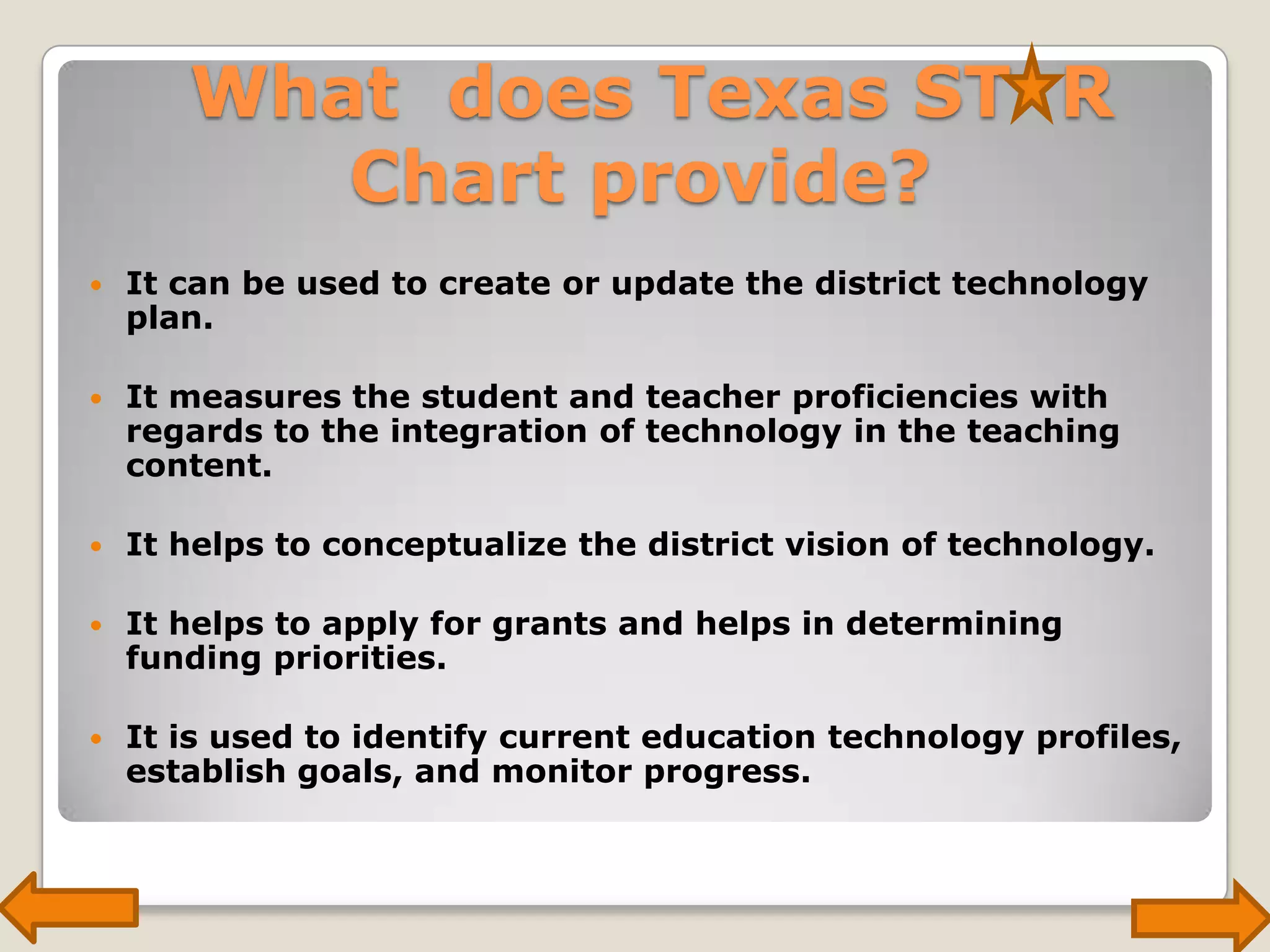  What  does Texas ST  R Chart provide?It can be used to create or update the district technology plan.It measures the student and teacher proficiencies with regards to the integration of technology in the teaching content.It helps to conceptualize the district vision of technology.It helps to apply for grants and helps in determining funding priorities.It is used to identify current education technology profiles, establish goals, and monitor progress.