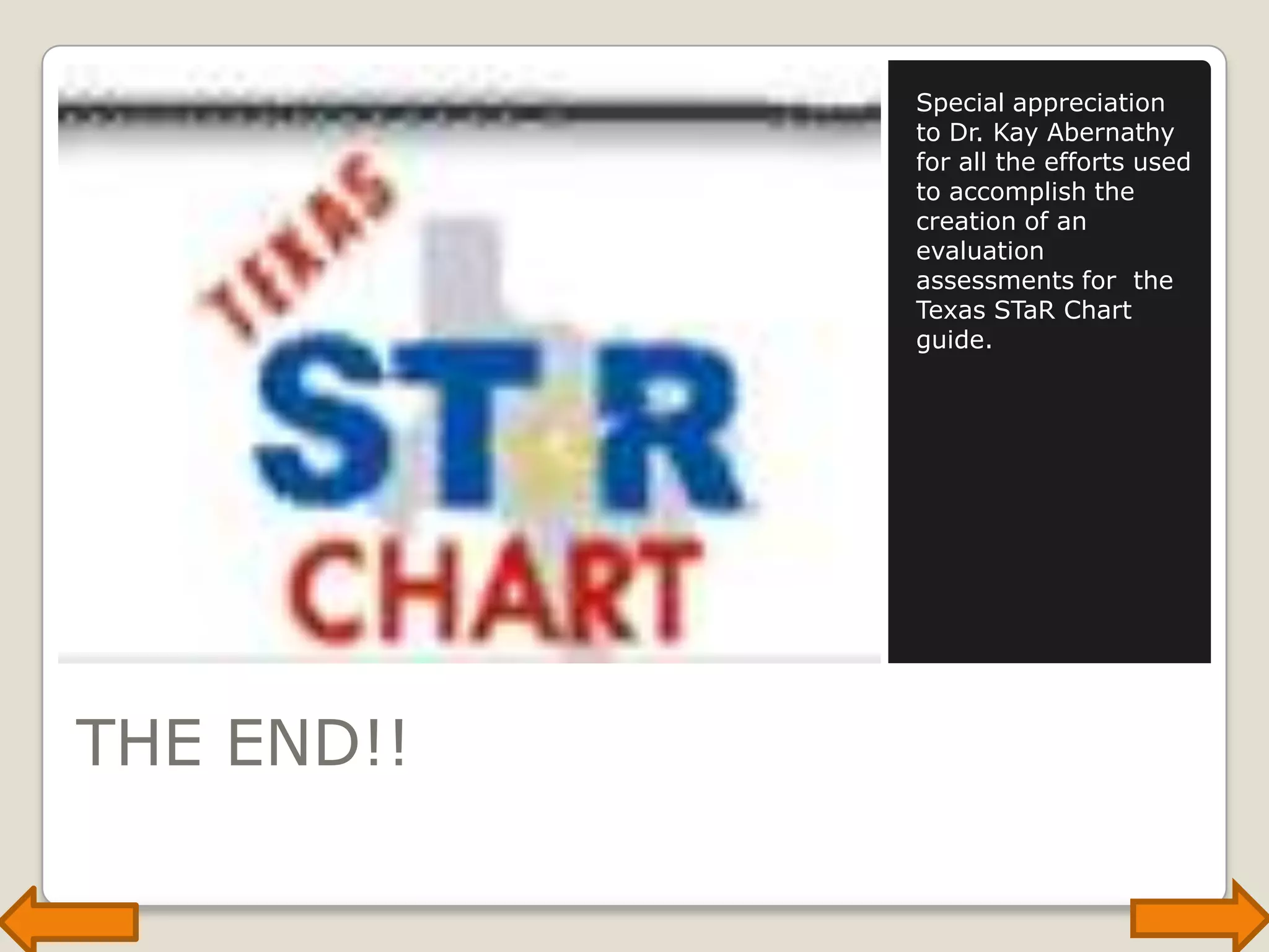 THE END!!Special appreciation  to Dr. Kay Abernathy for all the efforts used to accomplish the creation of an evaluation assessments for  the Texas STaR Chart guide.