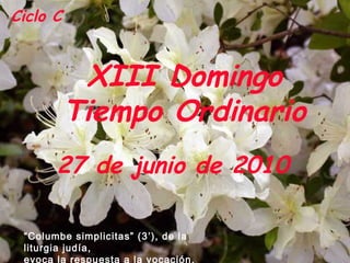 Ciclo C  XIII Domingo Tiempo Ordinario 27 de junio de 2010   “ Columbe simplicitas” (3’), de la liturgia judía, evoca la respuesta a la vocación. 