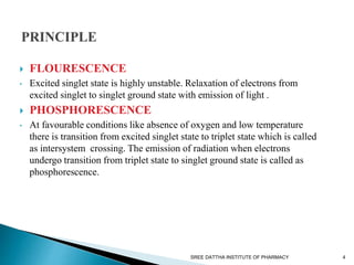  FLOURESCENCE
• Excited singlet state is highly unstable. Relaxation of electrons from
excited singlet to singlet ground state with emission of light .
 PHOSPHORESCENCE
• At favourable conditions like absence of oxygen and low temperature
there is transition from excited singlet state to triplet state which is called
as intersystem crossing. The emission of radiation when electrons
undergo transition from triplet state to singlet ground state is called as
phosphorescence.
SREE DATTHA INSTITUTE OF PHARMACY 4
 