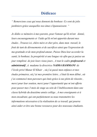 Dédicace
“ Remercions ceux qui nous donnent du bonheur. Ce sont de jolis
jardiniers grâce auxquelles nos âmes s'épanouissent. “
Je dédie ce mémoire à mes parents, pour l'amour qu'ils m'ont donné,
leurs encouragements et l'aide qu'ils m'ont apportée durant mes
études , Trouvez ici, chère mère et cher père, dans mon travail, le
fruit de tant de dévouements et de sacrifices ainsi que l'expression de
ma gratitude et de mon profond amour, Puisse Dieu leur accorder la
santé, le bonheur, la prospérité et une longue vie afin que je puisse un
jour remplirai de joie leurs vieux jours , A tout le cadre professoral et
administratif , à madame la directrice NAIMA HAMMANI de
l’école privé Manar El Khair , où j’ai passé mon enfance et mes
études primaires, où j’ai mes première lettre , c'était là mon début , où
j’ai commencé mon parcours qui étais grâce à eux plein de réussite ,
merci pour leur soutien, merci pour l’opportunité que m’ont offerte
pour passer mes 3 mois de stage au sein de l’établissement dans une
classe hybride du deuxième année collège , A mes enseignants et à
mon encadrant, qui ont parfaitement su nous transmettre les
informations nécessaires à la réalisation de ce travail, qui pourra
ainsi aider et être une bonne ressource pour des nouveaux étudiants.
 