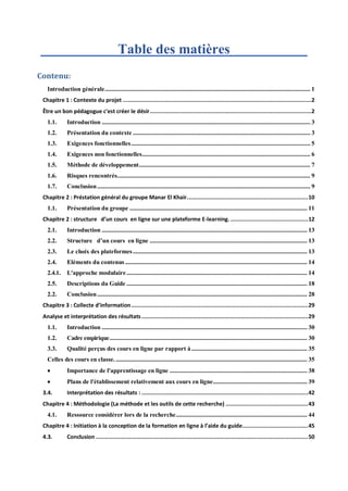 Table des matières
Contenu:
Introduction générale..................................................................................................................................... 1
Chapitre 1 : Contexte du projet ................................................................................................................2
Être un bon pédagogue c'est créer le désir................................................................................................2
1.1. Introduction ....................................................................................................................................... 3
1.2. Présentation du contexte ................................................................................................................... 3
1.3. Exigences fonctionnelles.................................................................................................................... 5
1.4. Exigences non fonctionnelles............................................................................................................. 6
1.5. Méthode de développement............................................................................................................... 7
1.6. Risques rencontrés............................................................................................................................. 9
1.7. Conclusion.......................................................................................................................................... 9
Chapitre 2 : Préstation général du groupe Manar El Khair........................................................................10
1.1. Présentation du groupe ................................................................................................................... 11
Chapitre 2 : structure d’un cours en ligne sur une plateforme E-learning. ..............................................12
2.1. Introduction ..................................................................................................................................... 13
2.2. Structure d’un cours en ligne ...................................................................................................... 13
2.3. Le choix des plateformes................................................................................................................. 13
2.4. Eléments du contenus...................................................................................................................... 14
2.4.1. L'approche modulaire..................................................................................................................... 14
2.5. Descriptions du Guide ..................................................................................................................... 18
2.2. Conclusion........................................................................................................................................ 28
Chapitre 3 : Collecte d’information.........................................................................................................29
Analyse et interprétation des résultats...................................................................................................29
1.1. Introduction ..................................................................................................................................... 30
1.2. Cadre empirique................................................................................................................................ 30
3.3. Qualité perçus des cours en ligne par rapport à........................................................................... 35
Celles des cours en classe............................................................................................................................. 35
 Importance de l'apprentissage en ligne ......................................................................................... 38
 Plans de l'établissement relativement aux cours en ligne............................................................. 39
3.4. Interprétation des résultats : ...................................................................................................42
Chapitre 4 : Méthodologie (La méthode et les outils de cette recherche) .................................................43
4.1. Ressource considérer lors de la recherche..................................................................................... 44
Chapitre 4 : Initiation à la conception de la formation en ligne à l’aide du guide.......................................45
4.3. Conclusion ..............................................................................................................................50
 