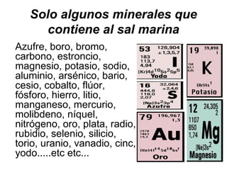 Solo algunos minerales que
     contiene al sal marina
Azufre, boro, bromo,
carbono, estroncio,
magnesio, potasio, sodio,
aluminio, arsénico, bario,
cesio, cobalto, flúor,
fósforo, hierro, litio,
manganeso, mercurio,
molibdeno, níquel,
nitrógeno, oro, plata, radio,
rubidio, selenio, silicio,
torio, uranio, vanadio, cinc,
yodo.....etc etc...
 