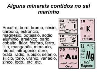 Alguns minerais contidos no sal marinho Enxofre, boro, bromo, césio, carbono, estroncio, magnesio, potassio, sodio, aluminio, arsénico, bario, cobalto, flúor, fósforo, ferro, litio, manganês, mercurio, níquel, nitrogenio, ouro, prata, radio, rubidio, selenio, silicio, torio, uranio, vanadio, zinco, iodo...etc, etc.   