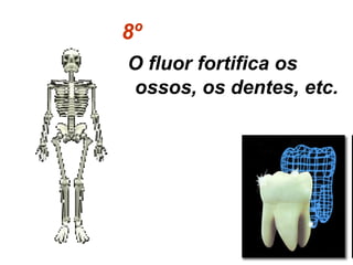 8º 
O fluor fortifica os 
ossos, os dentes, etc. 
 