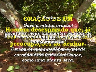 ORAÇÃO DE UM Homem desesperado que, já sem forças, apresenta suas preocupações ao Senhor. Ó  Senhor, Ouve a minha oração! Escuta os meus insistentes pedidos de ajuda! Não te escondas de mim nesta hora de tanta angústia! Escuta os meus pedidos e atende depressa quando oro. Pois a minha vida some como fumaça no ar. Estou ardendo em febre; meu coração está fraco, sem vigor, como uma planta seca. 