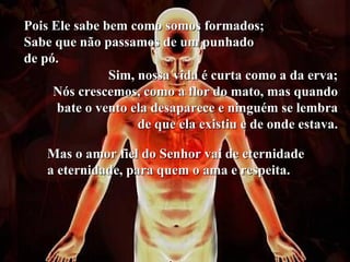   Pois Ele sabe bem como somos formados; Sabe que não passamos de um punhado de pó. Sim, nossa vida é curta como a da erva; Nós crescemos, como a flor do mato, mas quando bate o vento ela desaparece e ninguém se lembra de que ela existiu e de onde estava. Mas o amor fiel do Senhor vai de eternidade a eternidade, para quem o ama e respeita. 