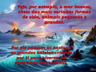 Vejo, por exemplo, o mar imenso, cheio das mais variadas formas de vida, animais pequenos e grandes. Por ele passam os navios e as grandes baleias criadas por ti para viverem se divertindo nos oceanos. 