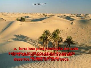 Salmo 107 33-   O Senhor transformou rios em desertos, fontes em terra seca,  34-   terra boa para plantação em solo salgado e inútil por causa do pecado  de quem vive ali.  