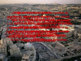 1-  FIQUEI MUITO ALEGRE  quando me convidaram, dizendo:  "Vamos até a casa do SENHOR!"  Salmo 122 4-  Gente de todas as tribos de Israel,  o povo de Deus, vai a Jerusalém para dar graças  e adorar ao SENHOR.  2e3-  Quando paramos junto aos portões de entrada, vimos que Jerusalém é uma cidade  bem construída e bem protegida pelos seus muros.  5-  Lá em Jerusalém as autoridades de Israel estão reunidas para julgar os casos e resolver os  problemas do povo.  6-  Orem pela paz de Jerusalém.  Todos os que amam esta cidade hão de crescer  e progredir na vida.  7-  Ó Jerusalém, que haja paz dentro dos teus muros e muitas riquezas dentro dos teus  palácios.  8-  Em favor dos meus irmãos e amigos,  eu peço ao SENHOR:  "Haja paz em Jerusalém".  9-  Além disso, por amor à Casa do SENHOR,  eu me esforçarei para proteger Jerusalém.  