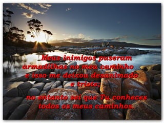 Meus inimigos puseram armadilhas no meu caminho  e isso me deixou desanimado  e triste;  no entanto sei que Tu conheces todos os meus caminhos. 