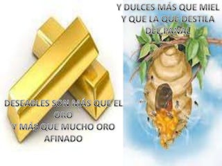 Y DULCES MÁS QUE MIELY QUE LA QUE DESTILADEL,PANALDESEABLES SON MÁS QUE EL OROY MÁS QUE MUCHO ORO AFINADO