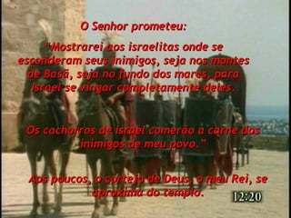 O Senhor prometeu: “ Mostrarei aos israelitas onde se esconderam seus inimigos, seja nos montes de Basã, seja no fundo dos mares, para Israel se vingar completamente deles. Os cachorros de Israel comerão a carne dos inimigos de meu povo.” Aos poucos, o cortejo de Deus, o meu Rei, se aproxima do templo. 