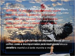 SENHOR, Tu tens sido a nossa morada segura através de todas as gerações. Tu és o Deus eterno, sem princípio nem fim; Tu já existias muito antes de fazer o mundo surgir e de os montes serem formados.  Com uma simples palavra Tua o homem vira pó. Basta dizeres: “volte ao pó de onde você veio!”  Para Ti, mil anos são como o dia de ontem, que já se foi, como uma noite de sono!  Tu nos levas pelo rio da vida tão depressa quanto um sonho, como a erva que nasce pela madrugada, cresce durante a manhã e à tarde murcha e morre.   A tua ira é capaz de nos destruir; o teu furor nos deixa confusos e desorientados.   Nossas desobediências aparecem todas diante de teus olhos; com a tua luz revelas os nossos pecados ocultos. Todos os dias de nossa vida se acabam, por causa da tua ira, e os anos se vão rápidos e tristes como um suspiro.   