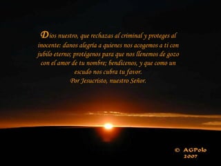 D ios nuestro, que rechazas al criminal y proteges al inocente: danos alegría a quienes nos acogemos a ti con jubilo eterno; protégenos para que nos llenemos de gozo con el amor de tu nombre; bendícenos, y que como un escudo nos cubra tu favor. Por Jesucristo, nuestro Señor. 